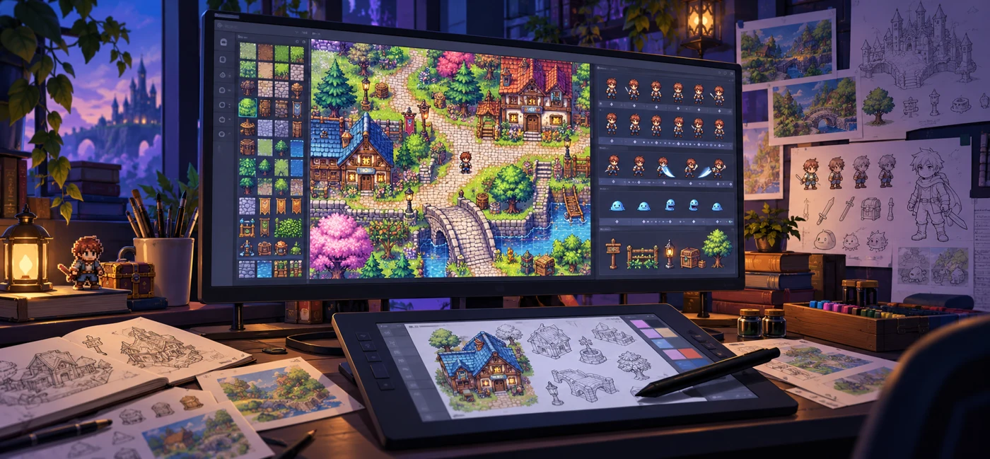 Ilustração de um jogo RPG 2D em desenvolvimento, com mapa e quadros de animação