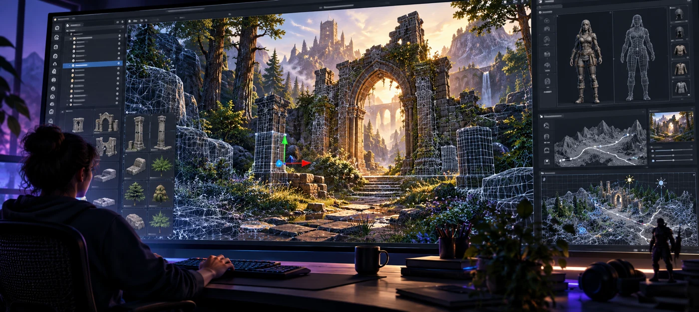 Ilustração de um cenário de jogo 3D em construção, com modelos e malha de edição